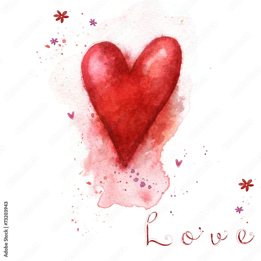 Watercolor painted red heart.Love heart design.