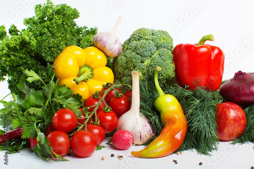 fresh vegetables with leaves isolated on white background