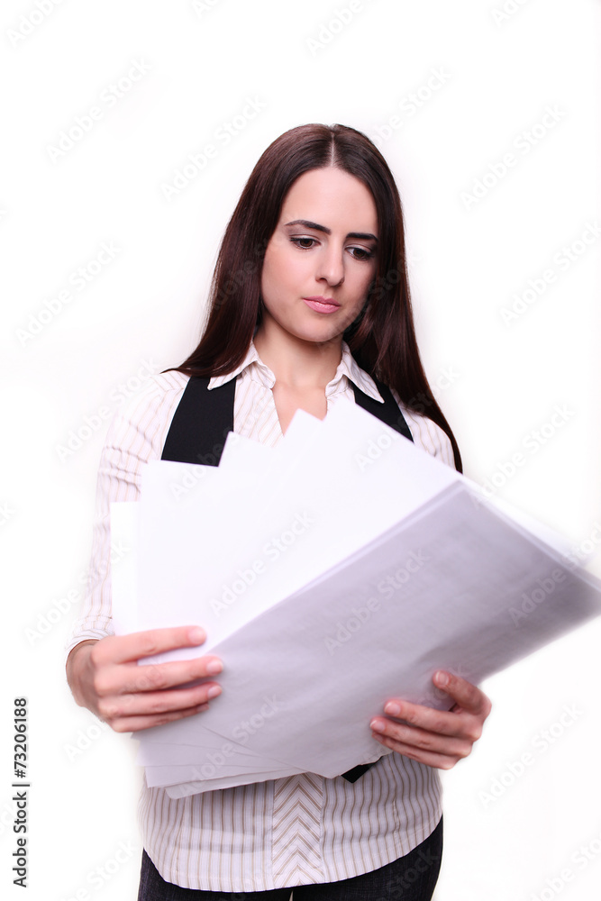 Young business woman reading on white background Young business woman reading on white background