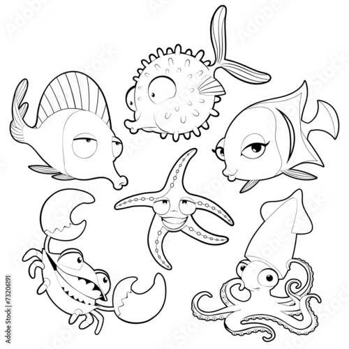 Funny sea animals in black and white
