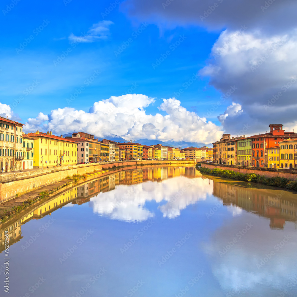 Pisa, Arno river and buildings reflection. Lungarno view. Tuscan
