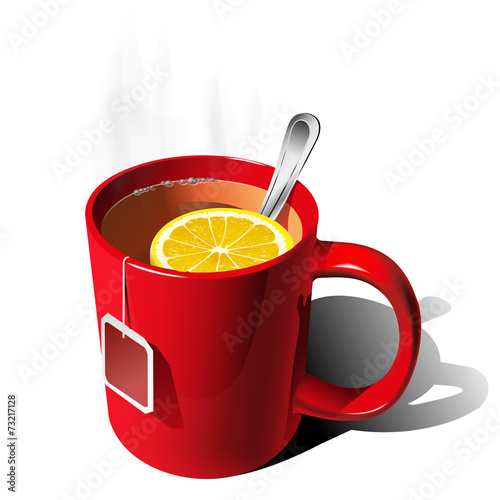 Red mug of tea with a slice of lemon