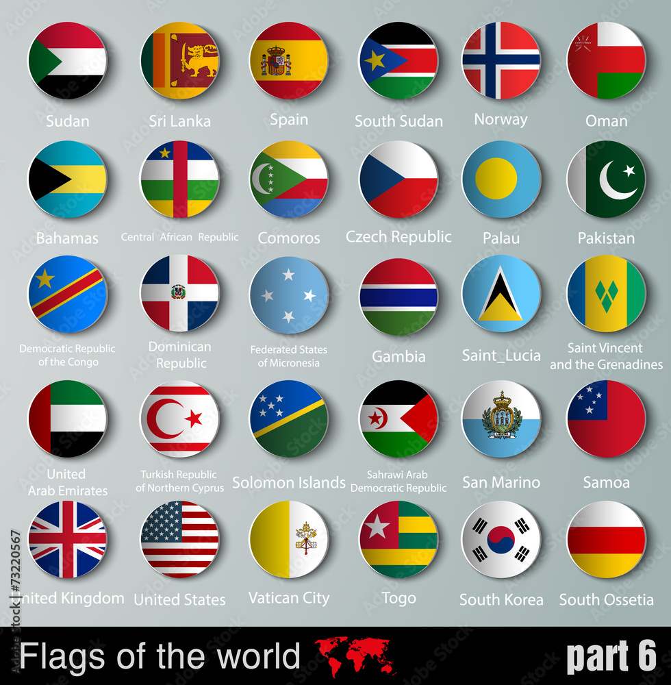 Flags of all countries  with shadows