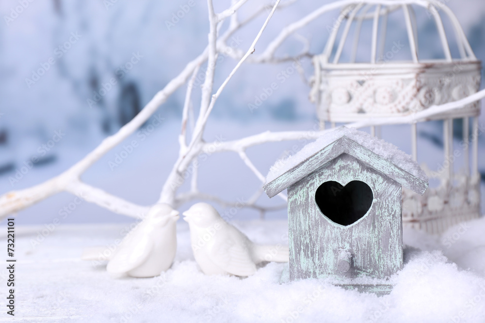 Fototapeta premium Beautiful Christmas composition with small bird house