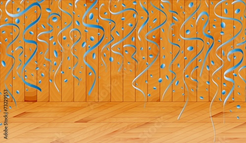 falling blue confetti in wooden room