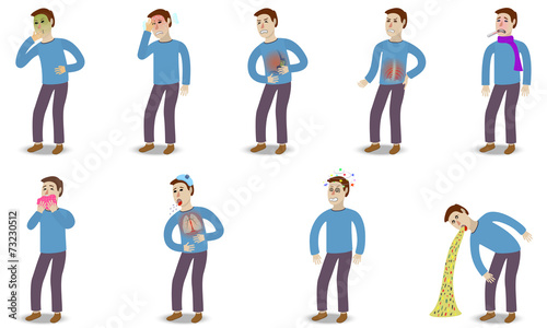 Sick characters set of people with pain and diseases isolated