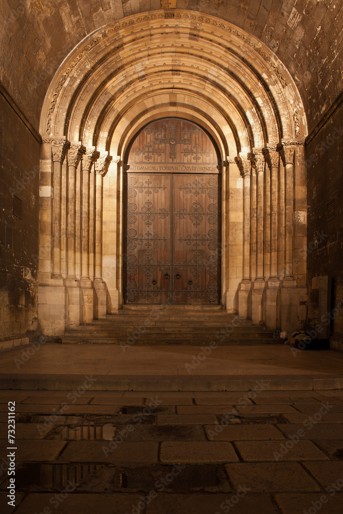 Portal of the Lisbon Cathedral at Night in Portugal
