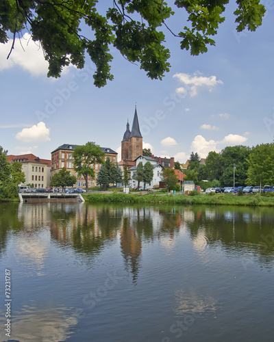 "Rote Spitzen" towers, view from the lake, Altenburg, Germany