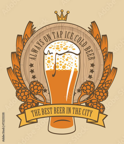 coat of arms with a glass of beer keg, malt and wheat