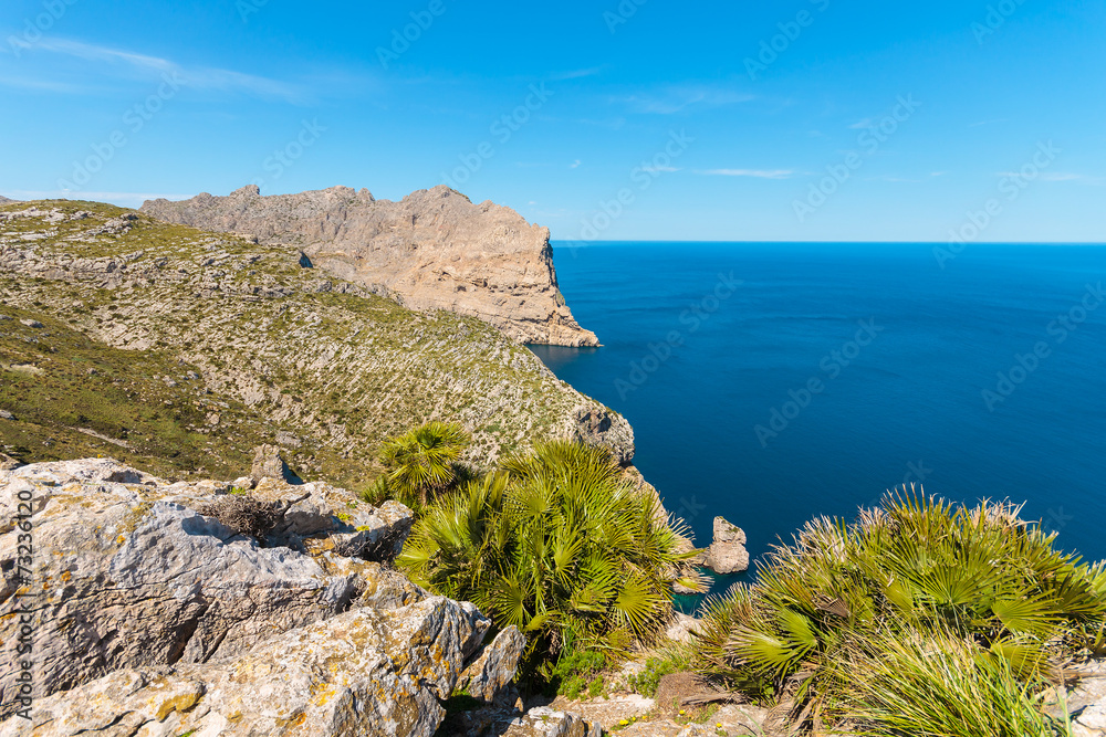 View of cliffs on coast of Majorca island at Cap Formentor