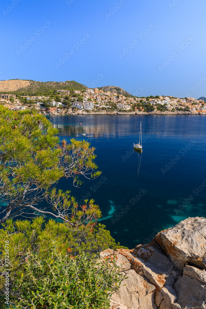 Beautiful bay and beach in Cala Fornells, Majorca island, Spain