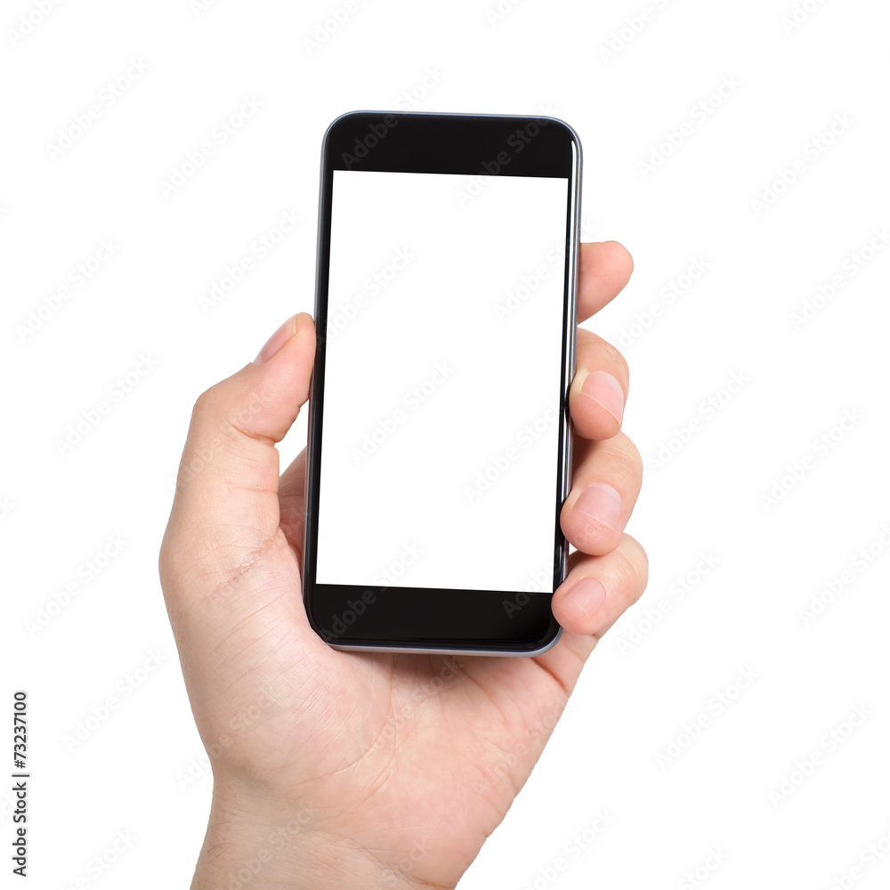 Isolated male hand holding a phone with white screen Isolated male hand holding a phone with white screen