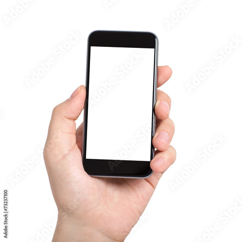 Isolated male hand holding a phone with white screen
