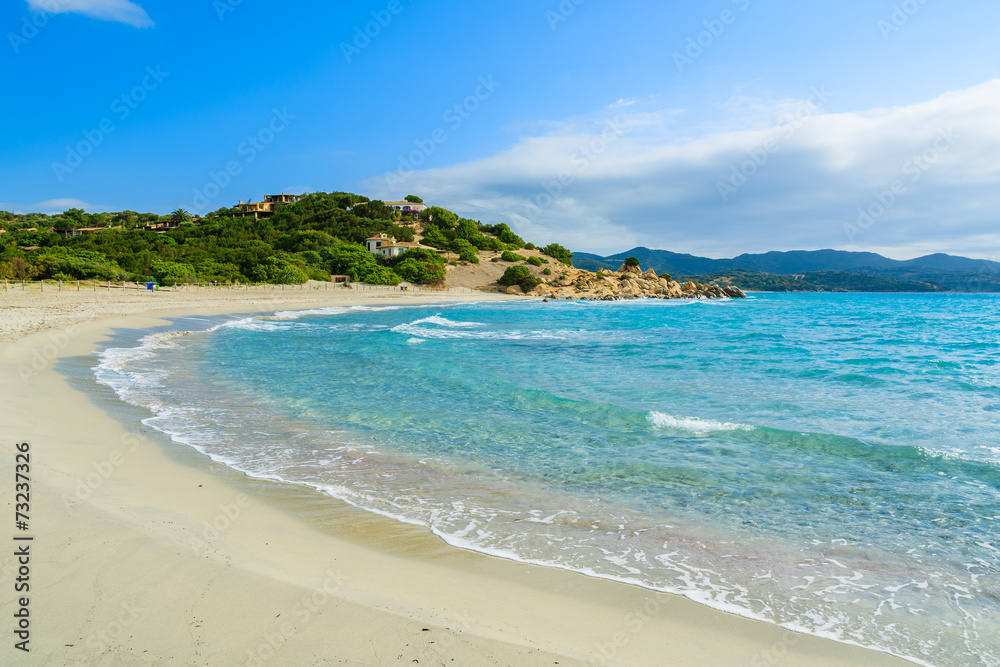 Sandy bay and azure sea water of Porto Giunco beach, Sardinia