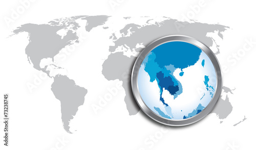 Quadro em tela World map countries with Indo China magnified by loupe