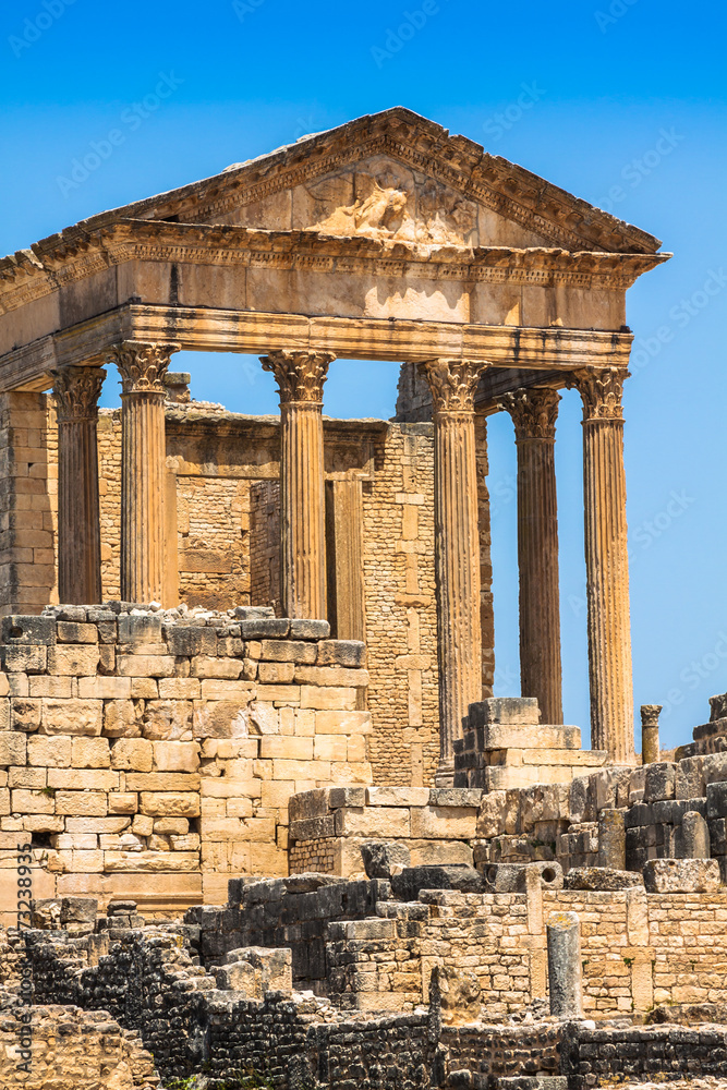 Remaining of the roman City of Dougga with the Capitol, Tunisia