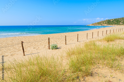 Wooden fence and grass on sand dune  Chia beach  Sardinia island