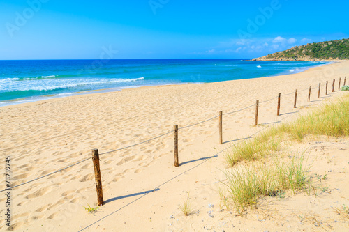 Wooden fence and grass on sand dune  Chia beach  Sardinia island