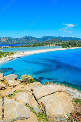 View of Villasimius lagoon beach and blue sea, Sardinia island