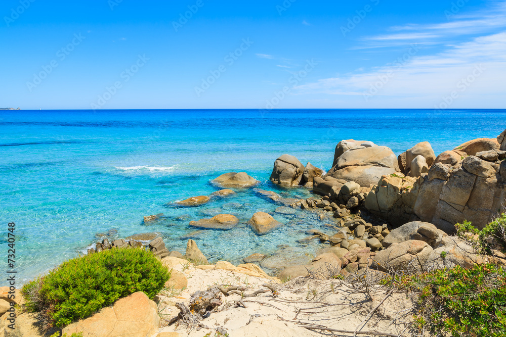 View of Sardinia island coast and Villasimius beach, Italy