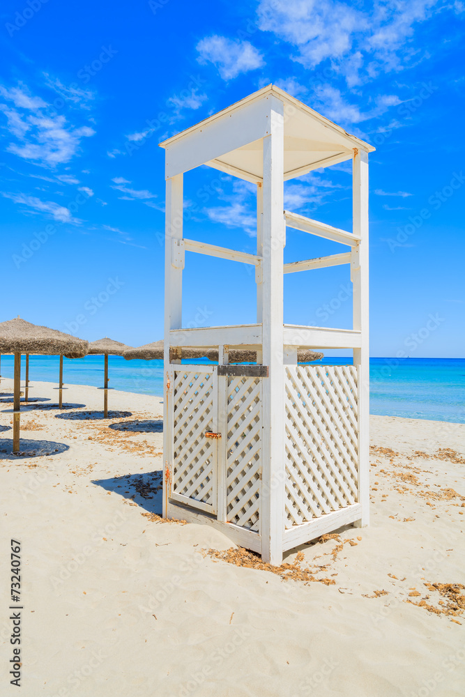 White lifeguard tower on Villasimius beach, Sardinia island