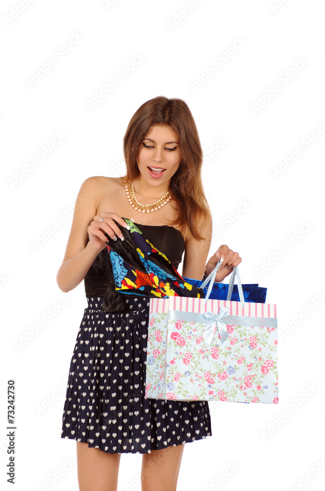 Portrait beauty girl with shopping bag isolated on white background Portrait beauty girl with shopping bag isolated on white background