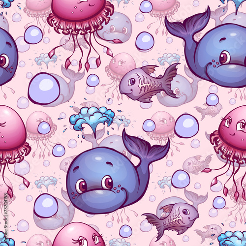 Vector seamless pattern with sea cute animals