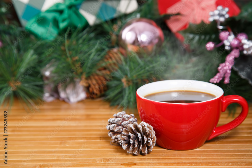 New Year composition with cup,coffee and decorations New Year composition with cup,coffee and decorations