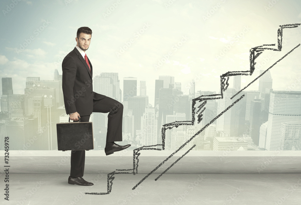 Business man climbing up on hand drawn staircase concept Business man climbing up on hand drawn staircase concept