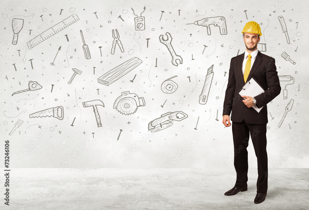 Construction worker planing with hand drawn tool icons Construction worker planing with hand drawn tool icons