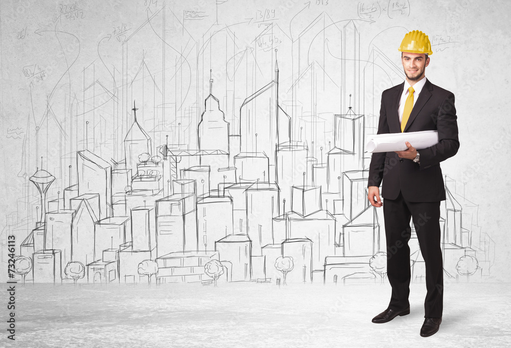 Construction worker with cityscape background