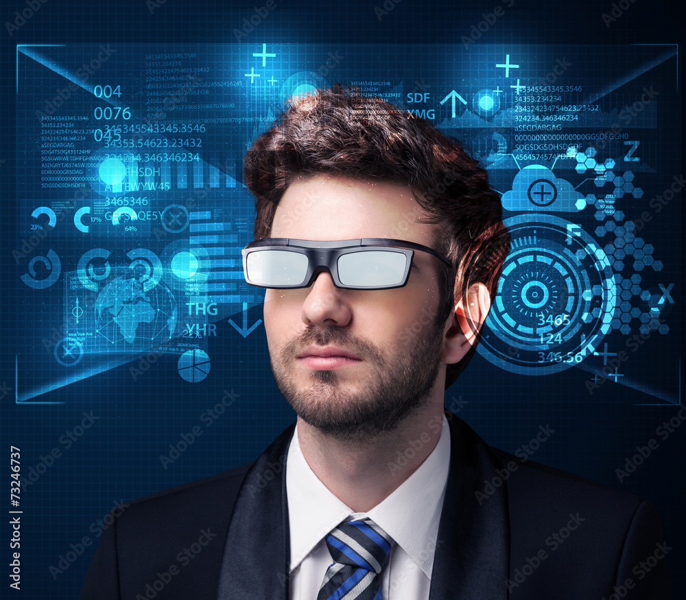 Young man looking with futuristic smart high tech glasses Young man looking with futuristic smart high tech glasses