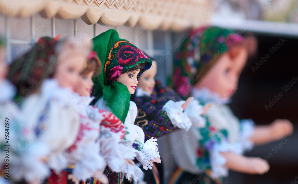 Romanian traditional colorful handmade dolls, close up. Dolls