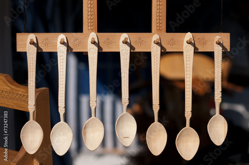 Romanian traditional wooden spoons. Set of handcrafted spoons