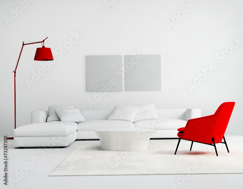 Contemporary white and red  living room with sofa