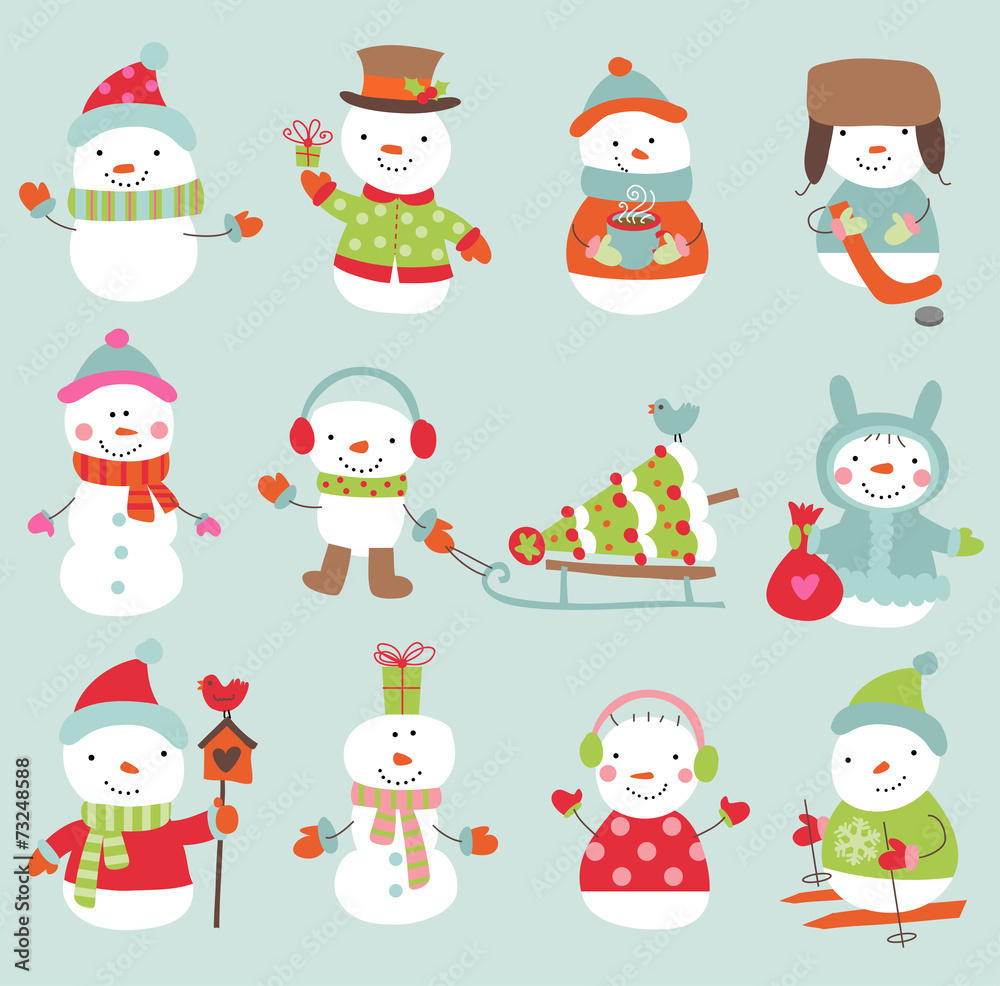Set of 11 vector cute and funny snowmen