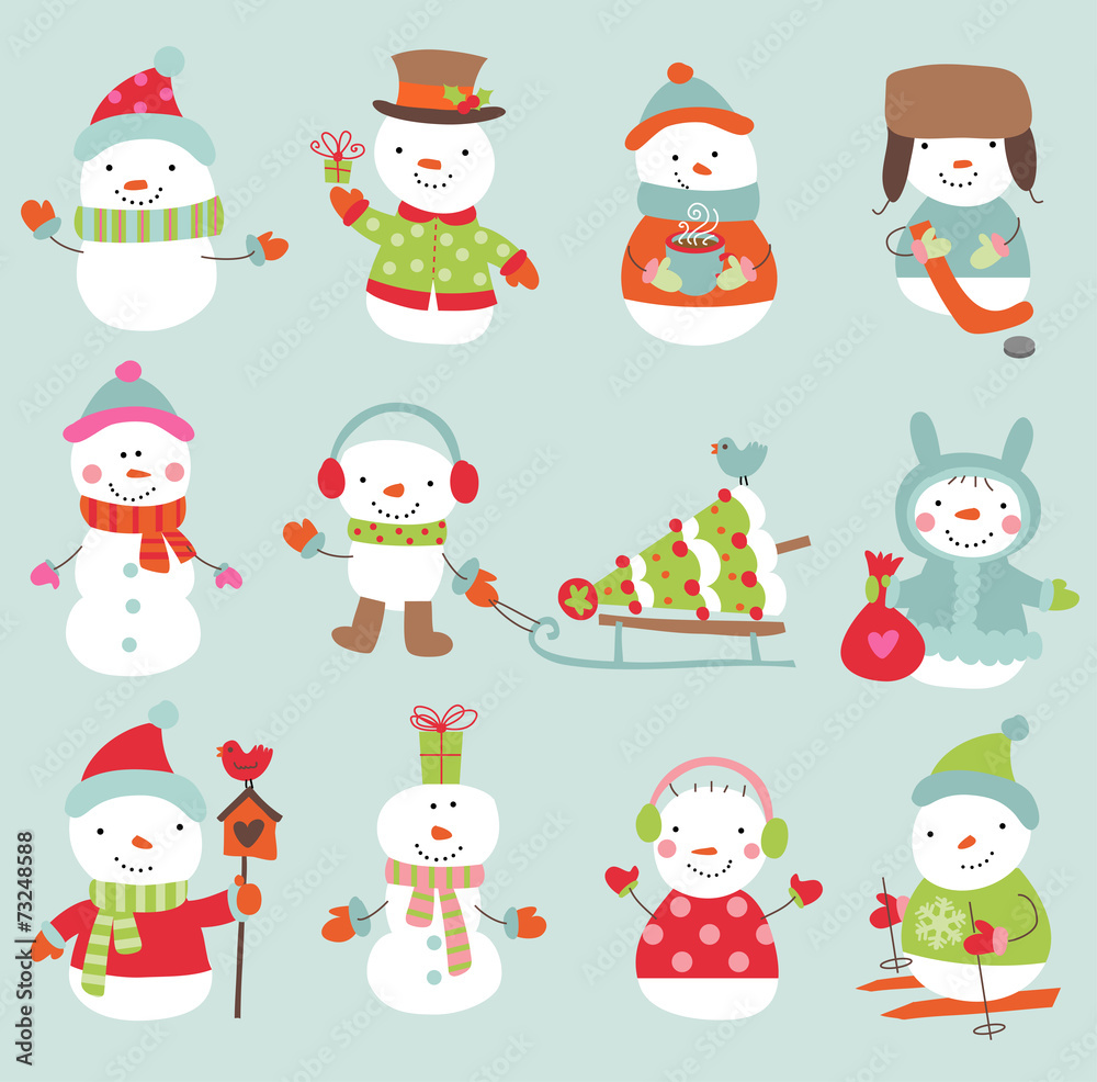 Set of 11 vector cute and funny snowmen Set of 11 vector cute and funny snowmen