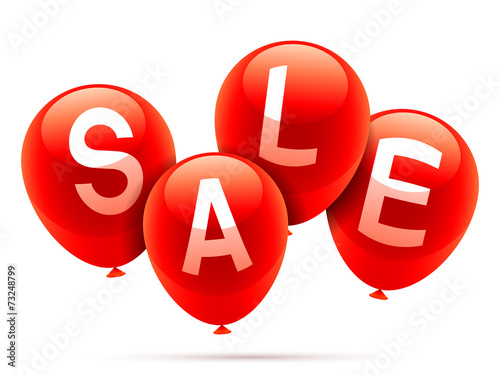 Shiny red balloons with sale announcement.