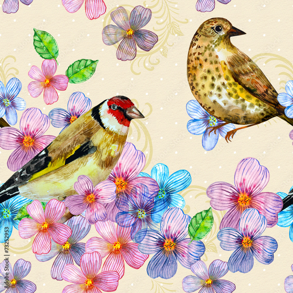 Naklejka premium seamless texture with cute birds watercolor