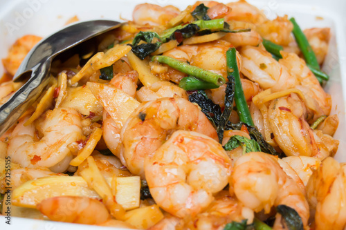 Thai food with shrimps and bamboo