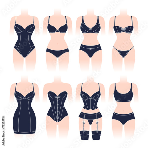 Fashion lingerie set of various female underwear.