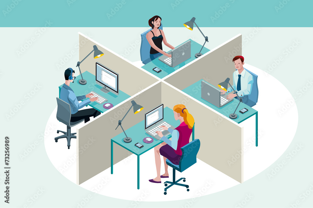 Office Workers Sitting at Their Desks - obrazy, fototapety, plakaty 