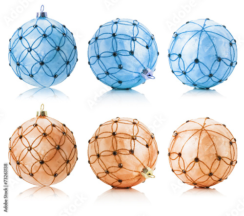 set of beige and blue Christmas balls isolated on the white back