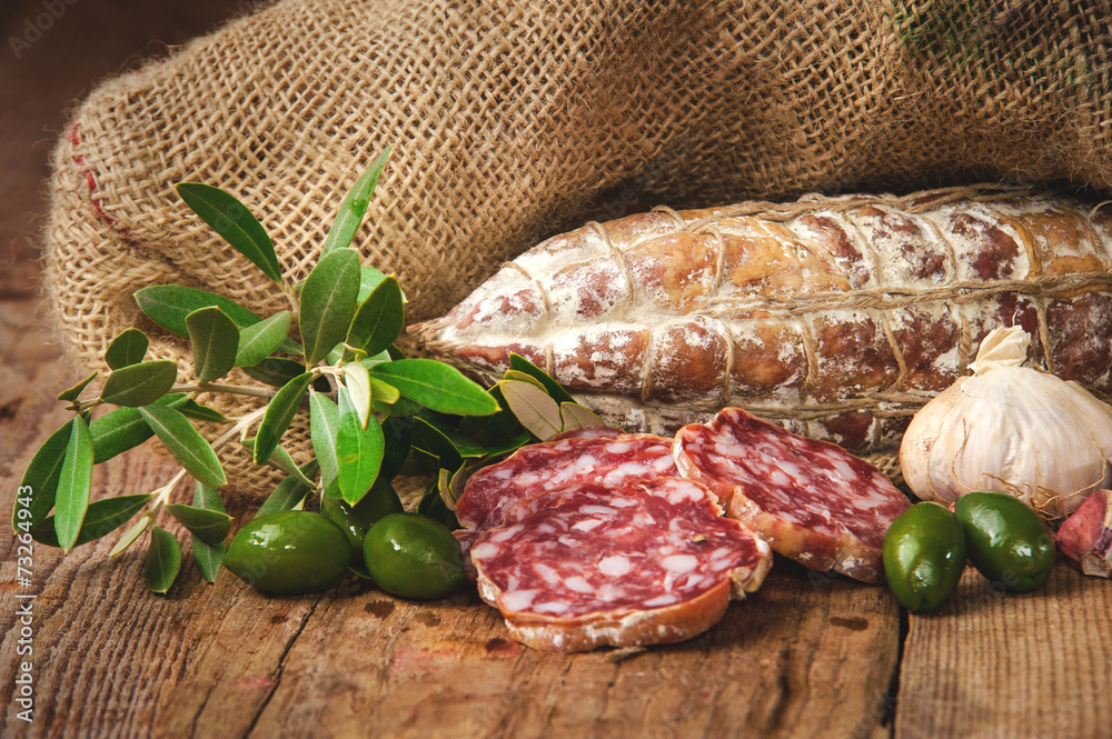 Sausage salami in a rural setting Sausage salami in a rural setting