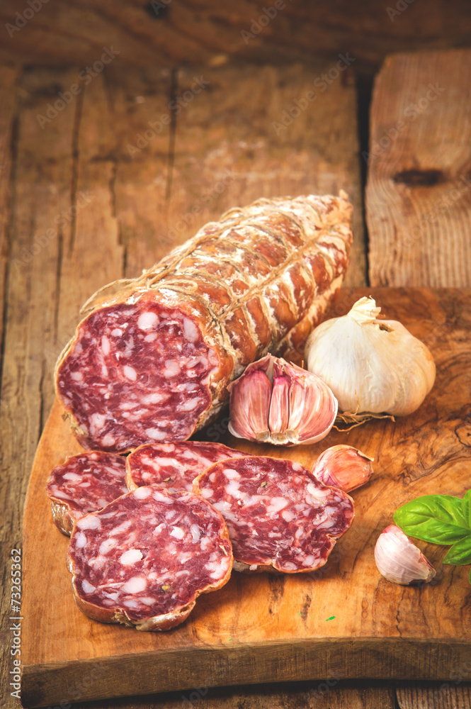 Sausage salami in a rural setting Sausage salami in a rural setting