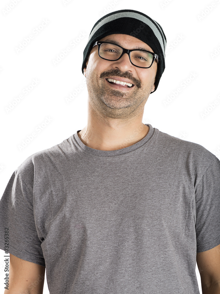Fototapeta premium Adult man with mustache wearing beanie isolated.