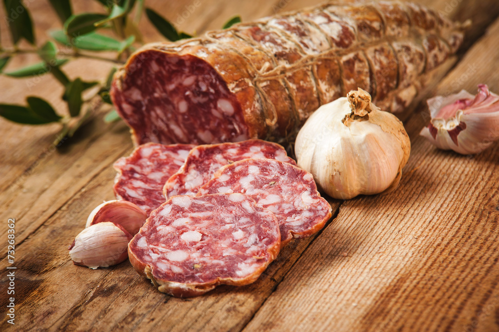 Sausage salami in a rural setting Sausage salami in a rural setting