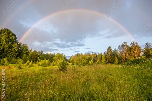 Double rainbow, summer field landscape