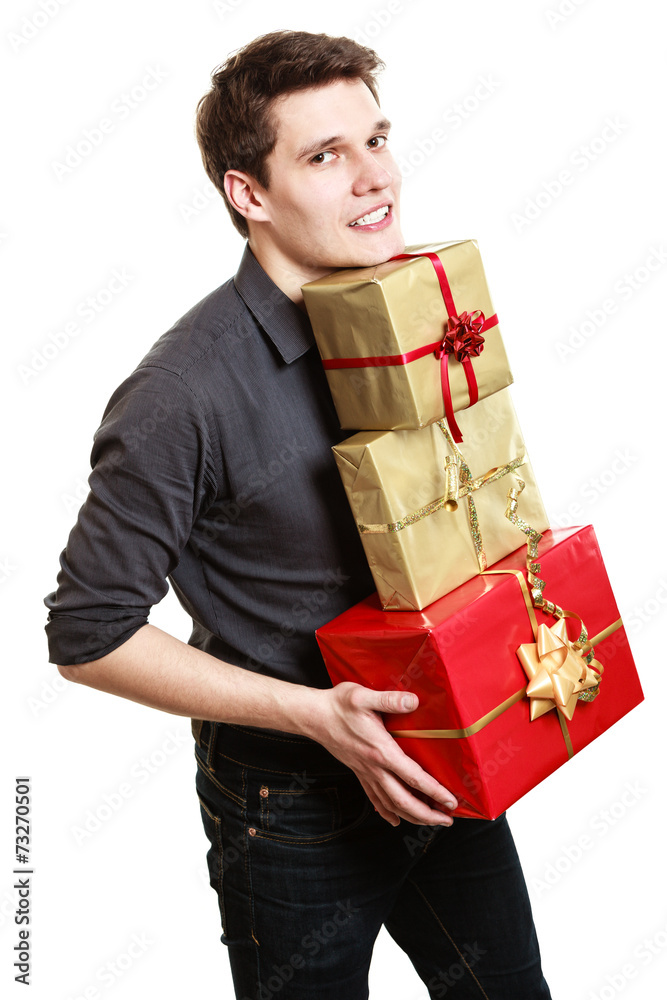 Holiday. Young man giving presents gifts boxes Holiday. Young man giving presents gifts boxes