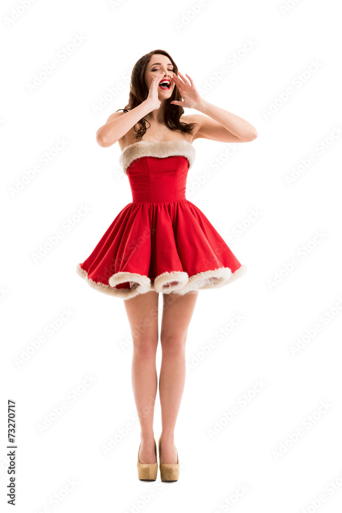 Sexy girl wearing Santa Claus clothes calling Sexy girl wearing Santa Claus clothes calling
